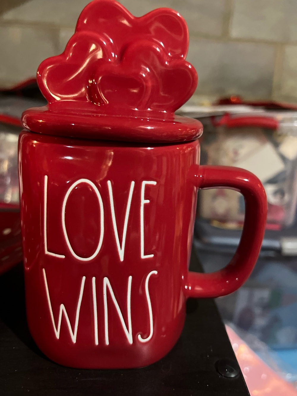 Rae Dunn Red 'LOVE WINS' Ceramic Mug with Heart Lid